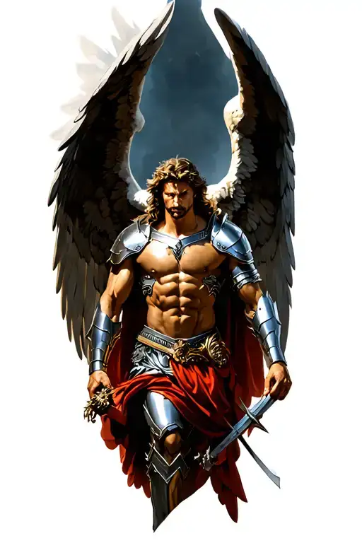 Archangel Michael Strong With Chest Armor Large Wings Defeating Demons