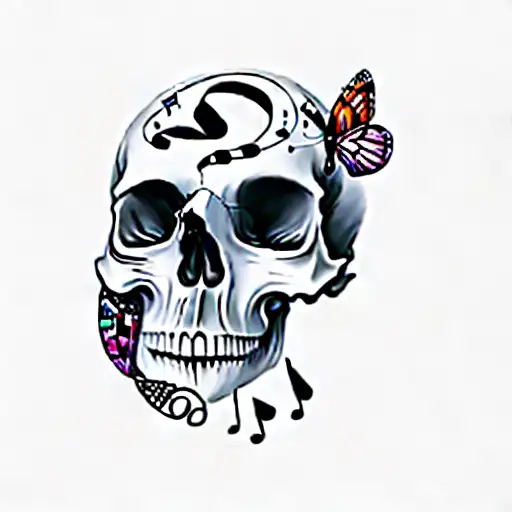 A Skull With Music Notes And Butterflies