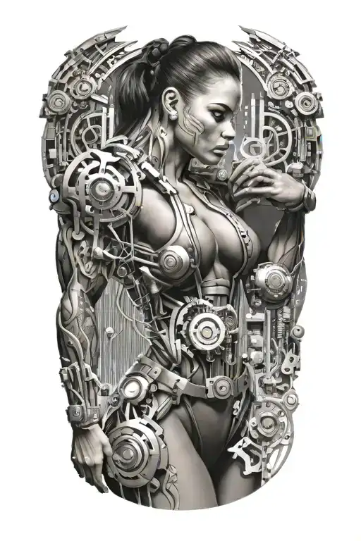 Bodybuilder Muscular Women With Technology Circuits Merging