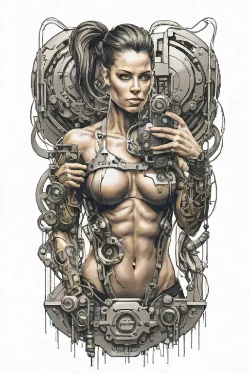 Bodybuilder Muscular Women With Technology Circuits Merging