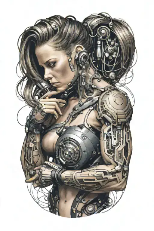 Bodybuilder Muscular Women With Technology Circuits Merging