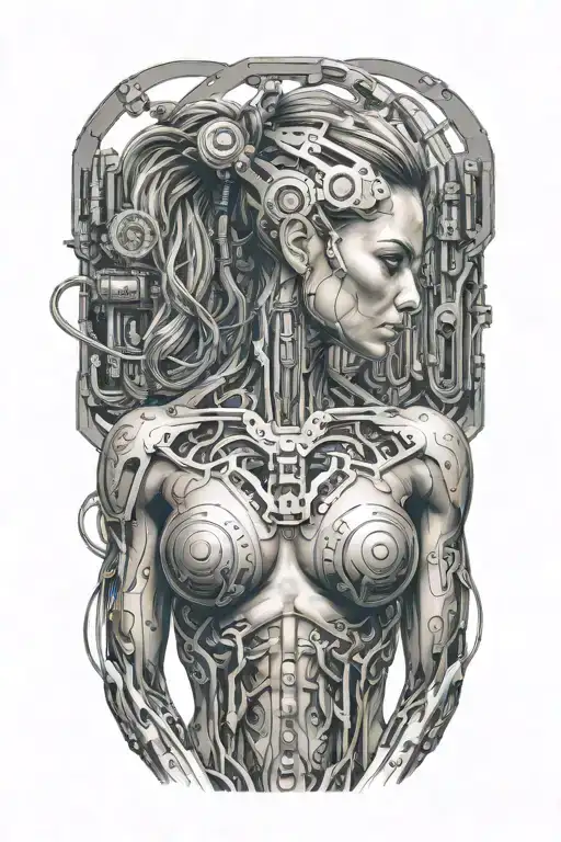 Bodybuilder Muscular Women With Technology Circuits Merging