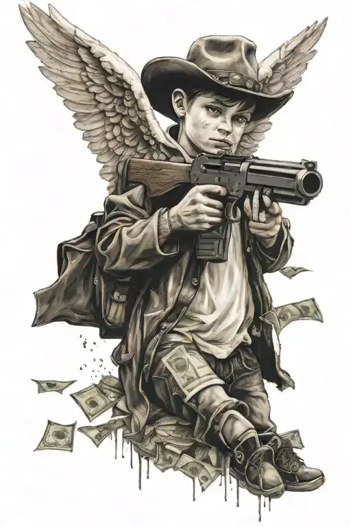 Boy Angel Holding A Gun With Money Around Him
