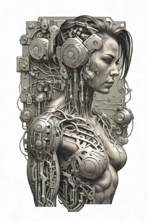 Bodybuilder Muscular Women With Technology Circuits Merging