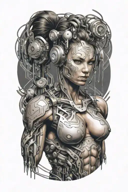 Bodybuilder Muscular Women With Technology Circuits Merging