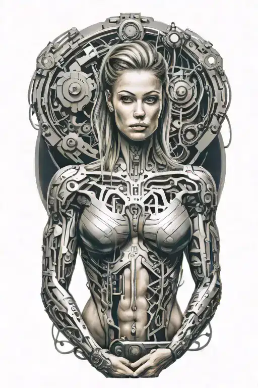 Bodybuilder Muscular Women With Technology Circuits Merging