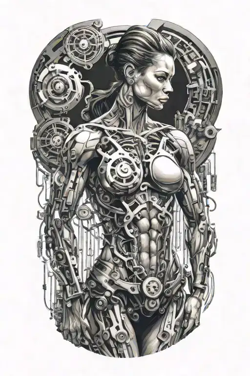 Bodybuilder Muscular Women With Technology Circuits Merging