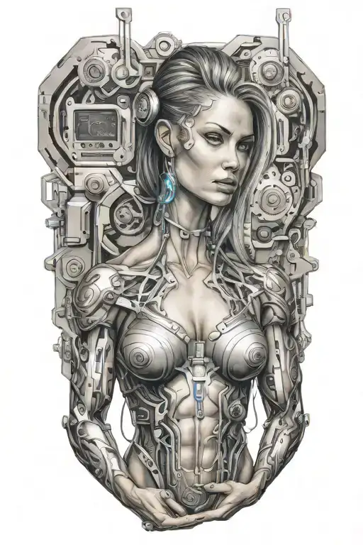 Bodybuilder Muscular Women With Technology Circuits Merging