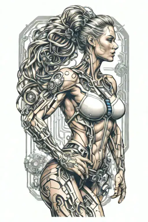 Bodybuilder Muscular Women With Technology Circuits Merging