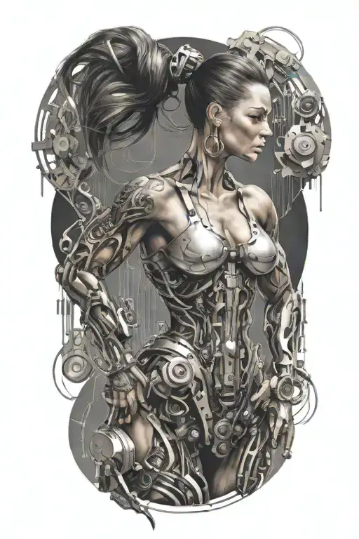 Bodybuilder Muscular Women With Technology Circuits Merging