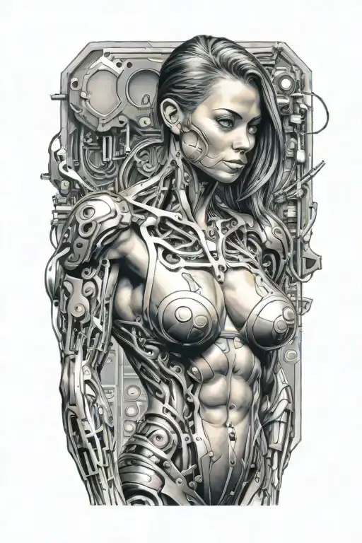 Bodybuilder Muscular Women With Technology Circuits Merging