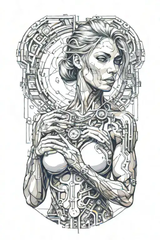 Bodybuilder Muscular Women With Technology Circuits Merging