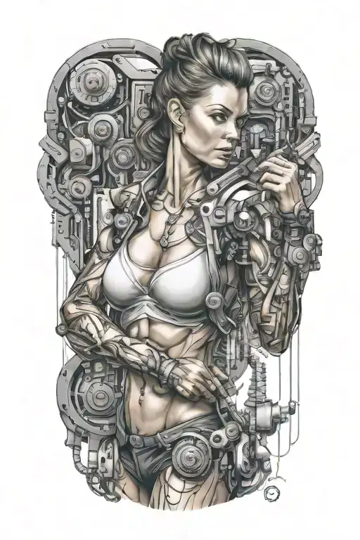 Bodybuilder Muscular Women With Technology Circuits Mechanic Merging