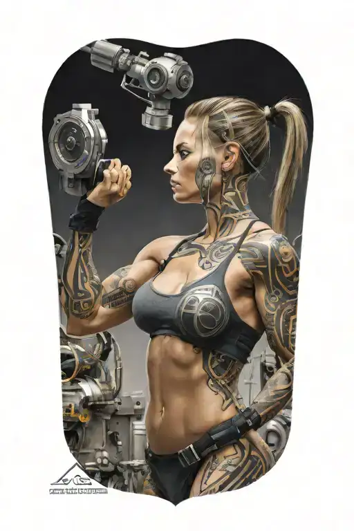 Bodybuilder Muscular Women Flexing Bicep With Technology Circuits Mechanic Merging