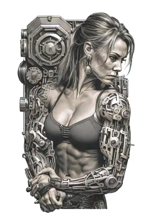 Bodybuilder Muscular Women Flexing Bicep With Technology Circuits Mechanic Merging