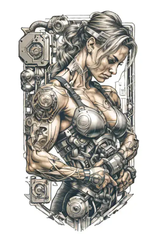 Bodybuilder Muscular Women Flexing Bicep With Technology Circuits Mechanic Merging