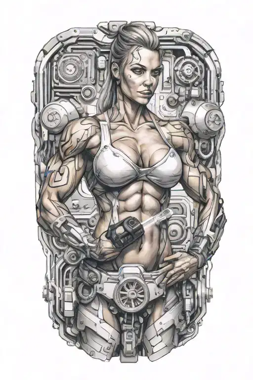 Bodybuilder Muscular Women Flexing Bicep With Technology Circuits Mechanic Merging