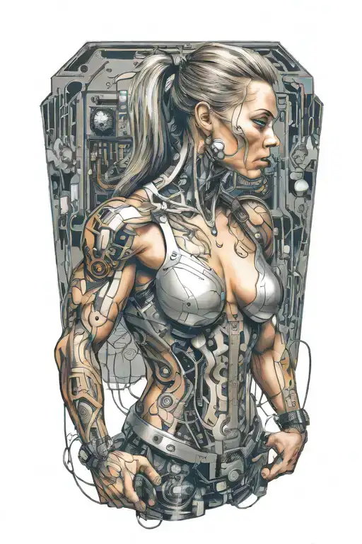 Bodybuilder Muscular Women With Technology Circuits Vectors Merging