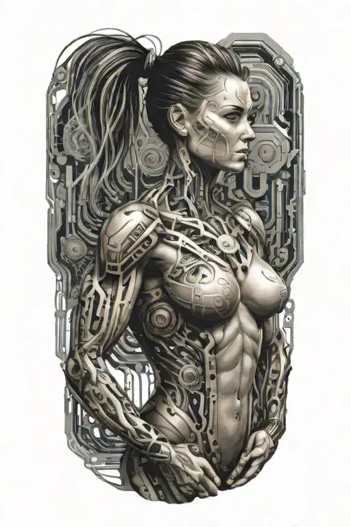 Bodybuilder Muscular Women With Technology Circuits Vectors Merging