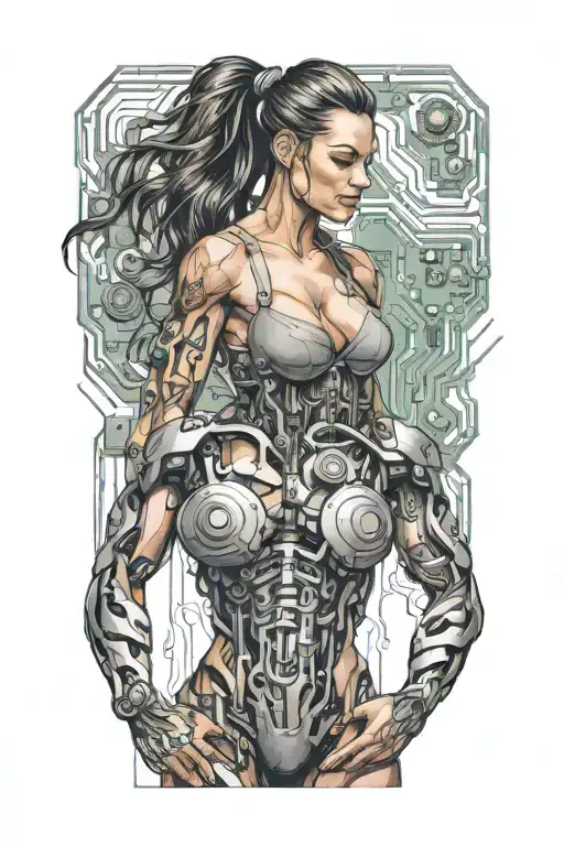Bodybuilder Muscular Women With Technology Circuits Vectors Merging