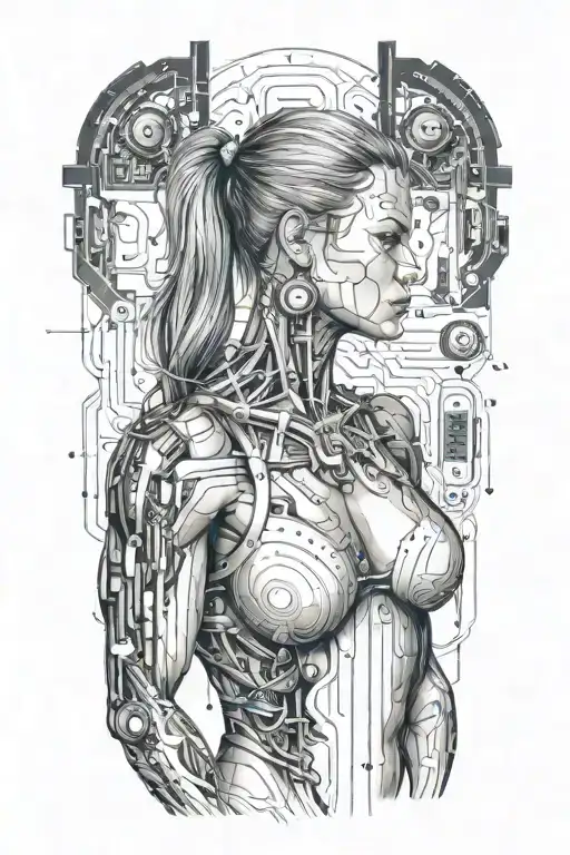 Bodybuilder Muscular Women With Technology Circuits Vectors Merging