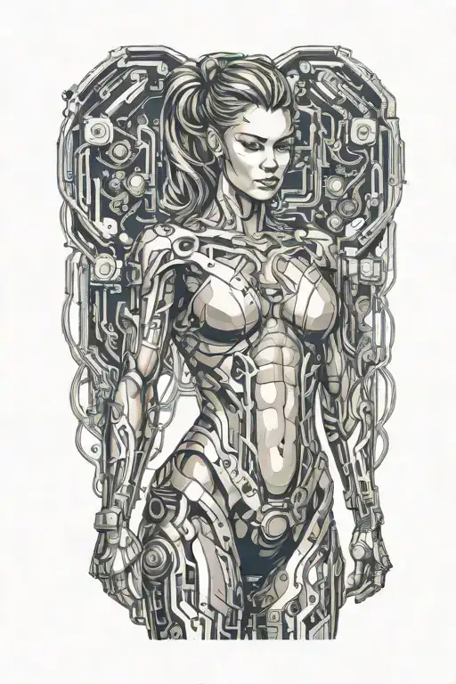 Sexy Aesthetic Bodybuilder Muscular Women With Technology Circuits Vectors Merging
