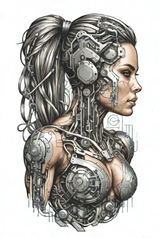 Sexy Aesthetic Bodybuilder Muscular Women With Technology Circuits Vectors Merging