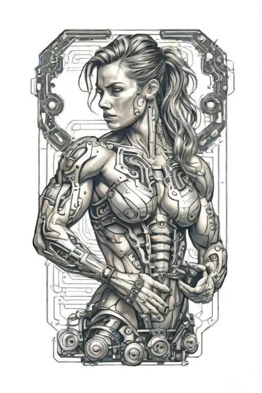 Aesthetic Bodybuilder Muscular Women With Technology Circuits Vectors Board Merging