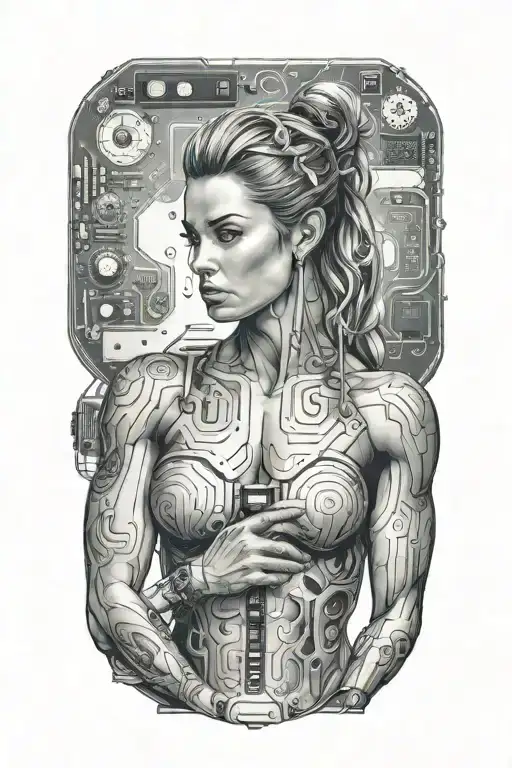 Aesthetic Bodybuilder Muscular Women With Technology Circuits Vectors Board Merging