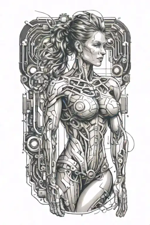 Aesthetic Bodybuilder Muscular Women With Technology Circuits Vectors Board Merging