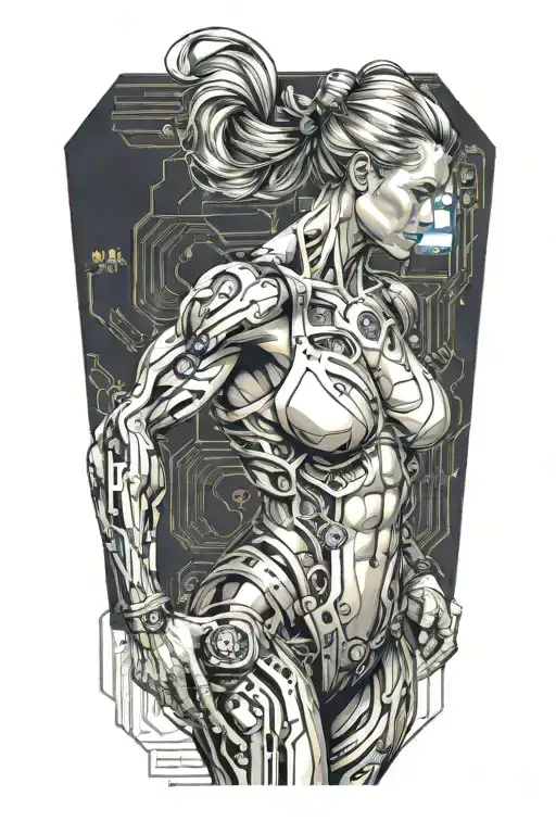 Aesthetic Bodybuilder Muscular Women With Technology Circuits Vectors Board Merging