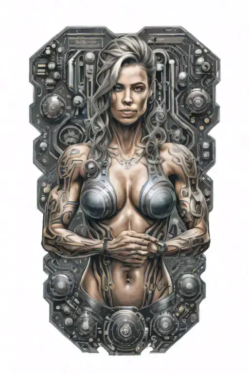 Aesthetic Bodybuilder Muscular Women With Technology Circuits Vectors Board Merging