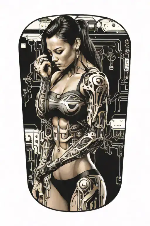 Aesthetic Bodybuilder Muscular Women With Technology Circuits Vectors Board Merging