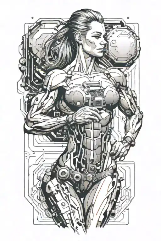 Aesthetic Bodybuilder Muscular Women With Technology Circuits Vectors Board Merging