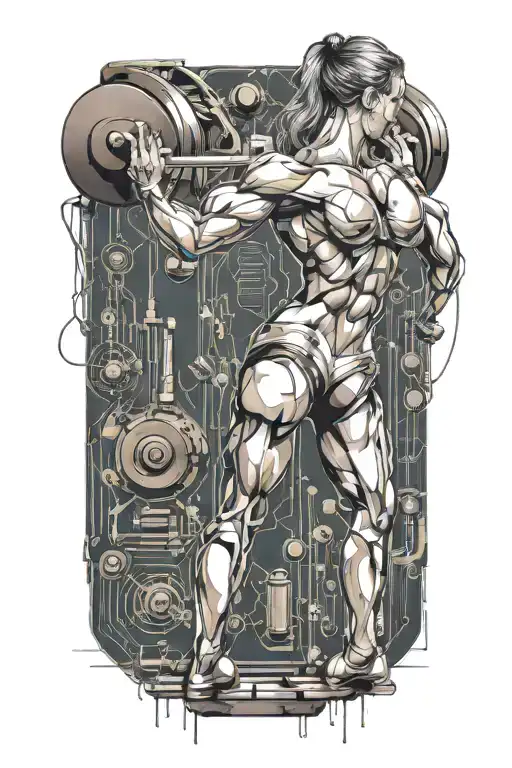 Aesthetic Bodybuilder Muscular Women Lifting Weight With Technology Circuits Vectors Board Merging