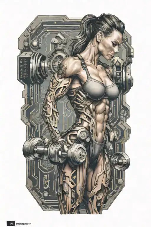 Aesthetic Bodybuilder Muscular Women Lifting Weight With Technology Circuits Vectors Board Merging