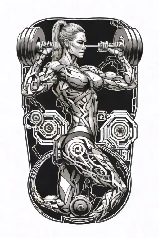 Bodybuilder Muscular Women Lifting Weight Dumbell With Technology Circuits Vectors Board Merging