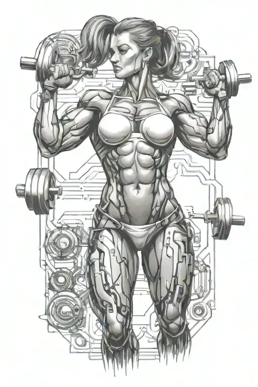 Bodybuilder Muscular Women Weightlifting With Technology Circuits Vectors Board Merging