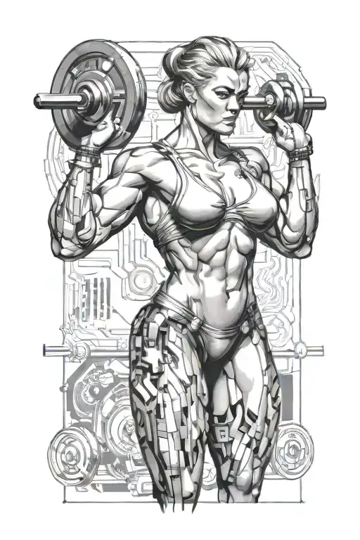 Bodybuilder Muscular Women Weightlifting With Technology Circuits Vectors Board Merging