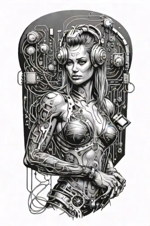 Sexy Muscular Women With Technology Circuits Vectors Board Merging