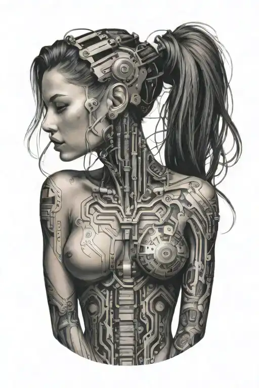 Feminine Sexy Muscular Women With Technology Circuits Board Merging