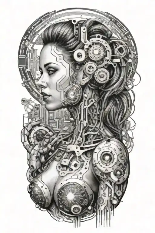 Feminine Sexy Muscular Women With Technology Circuits Board Merging