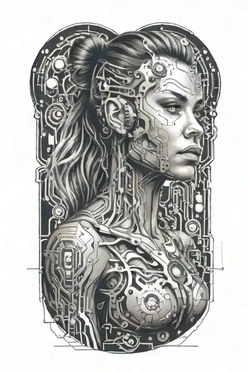 Feminine Sexy Muscular Women With Technology Circuits Board Merging