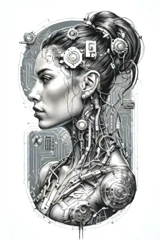 Feminine Sexy Muscular Women With Technology Circuits Board Merging