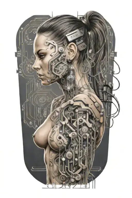 Feminine Sexy Muscular Women With Technology Circuits Board Merging