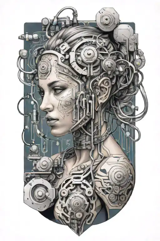 Feminine Sexy Muscular Women With Technology Circuits Board Merging
