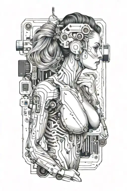 Feminine Sexy Muscular Women With Technology Circuits Board Merging