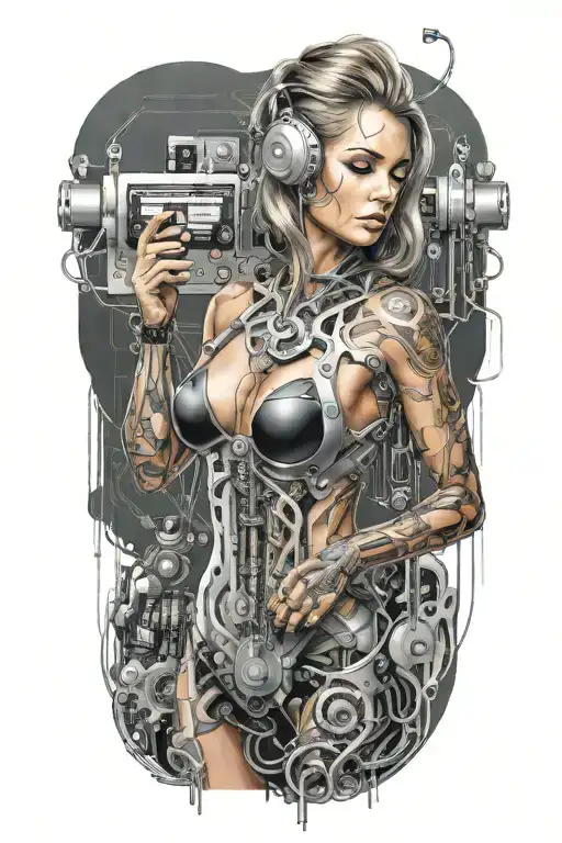 Feminine Sexy Muscular Women With Technology Circuits Board Merging