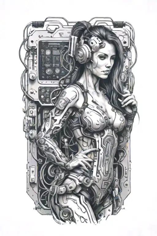 Feminine Sexy Muscular Women With Technology Circuits Board Merging