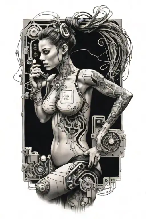 Sexy Muscular Women With Technology Circuits Board Merging